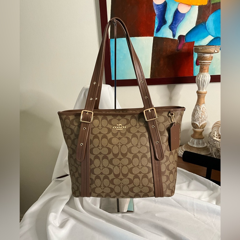 NWT Coach Brown Leather Trim Tote Bag Zip Top